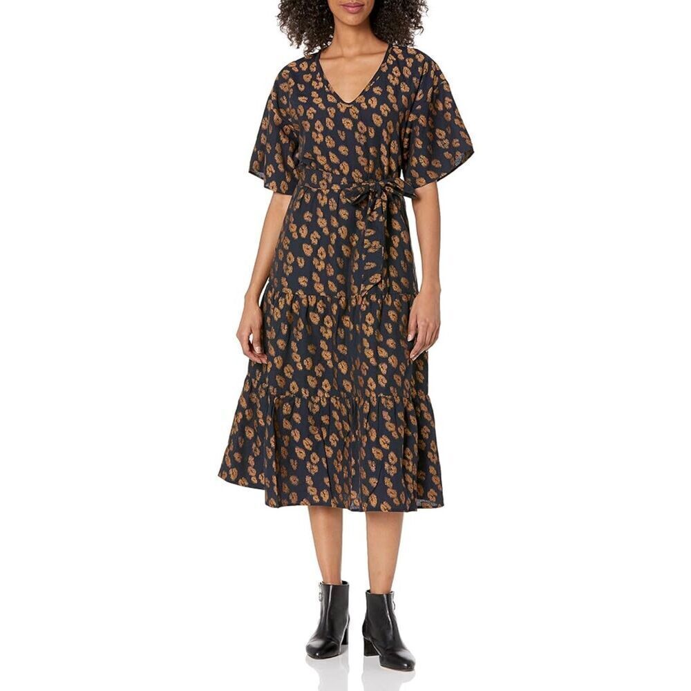 Trina Turk Cotton Blend Midi Leopard Print Pattern Dress Indigo Tawny Size S